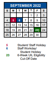 District School Academic Calendar for Science Hall Elementary School for September 2022