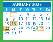 District School Academic Calendar for Adams Elementary for January 2023
