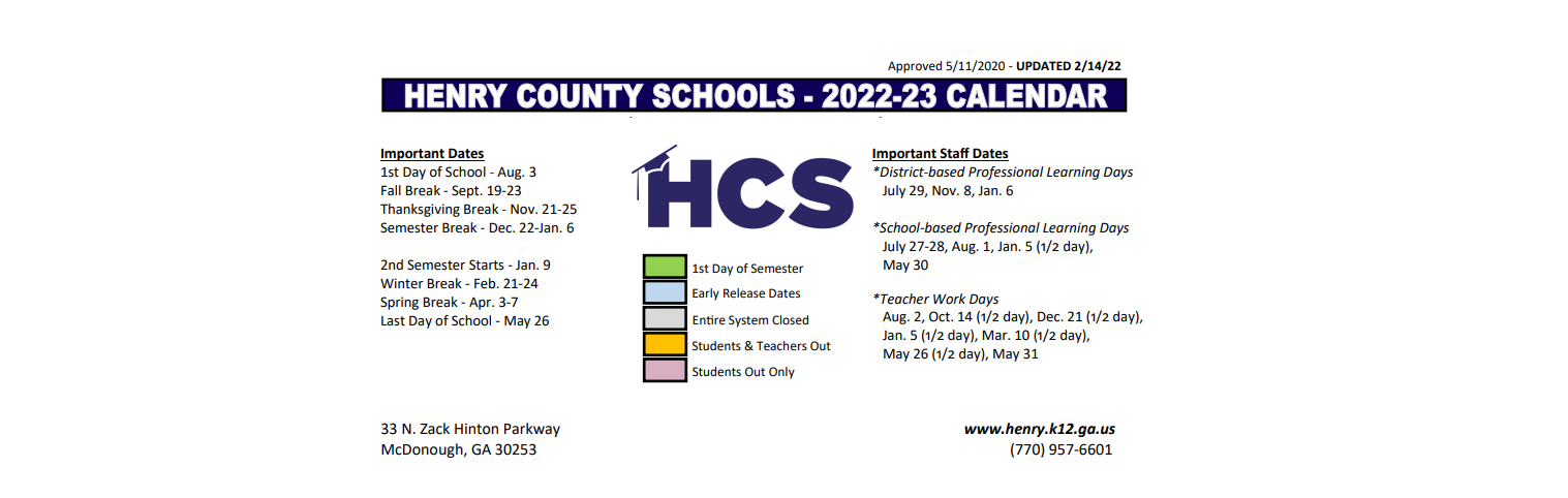 District School Academic Calendar Key for Stockbridge Elementary School