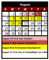 District School Academic Calendar for Bluebonnet El for August 2022