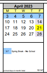 District School Academic Calendar for Head Start for April 2023