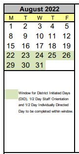 District School Academic Calendar for Eceap for August 2022