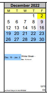 District School Academic Calendar for Out-of-district Placement for December 2022