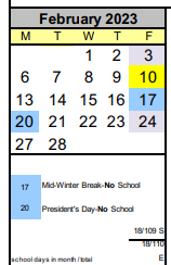 District School Academic Calendar for Out-of-district Placement for February 2023