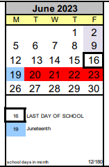 District School Academic Calendar for Parkside Elementary for June 2023