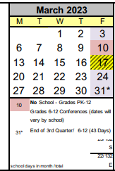 District School Academic Calendar for Out-of-district Placement for March 2023