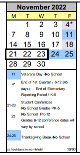 District School Academic Calendar for New Start for November 2022