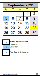 District School Academic Calendar for Head Start for September 2022
