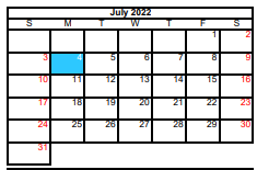 District School Academic Calendar for Detention Ctr for July 2022