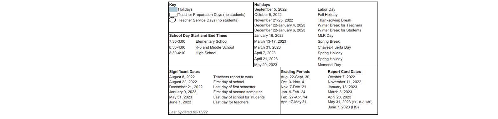 District School Academic Calendar Key for Bonner Elementary