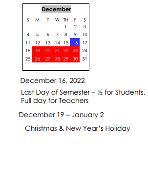 District School Academic Calendar for Perry Primary School for December 2022