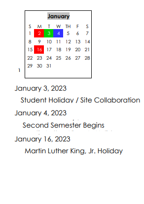 District School Academic Calendar for Matthew Arthur Elementary School for January 2023