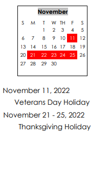 District School Academic Calendar for Matthew Arthur Elementary School for November 2022