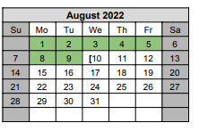 District School Academic Calendar for Excel Academy for August 2022