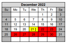 District School Academic Calendar for Excel Academy for December 2022