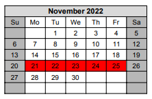 District School Academic Calendar for Excel Academy for November 2022