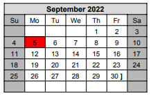 District School Academic Calendar for Excel Academy for September 2022
