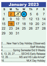 District School Academic Calendar for Hidden Hollow Elementary for January 2023
