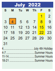 District School Academic Calendar for Deerwood Elementary for July 2022