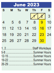 District School Academic Calendar for Shadow Forest Elementary for June 2023