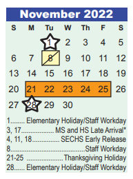 District School Academic Calendar for Early Learning Wing for November 2022