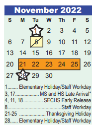 District School Academic Calendar for Willow Creek Elementary for November 2022