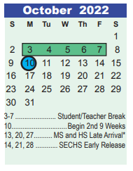 District School Academic Calendar for Early Learning Wing for October 2022