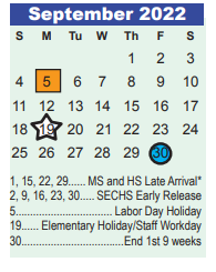 District School Academic Calendar for Early Learning Wing for September 2022