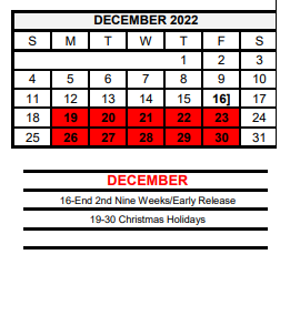 District School Academic Calendar for Pride Alter Sch for December 2022