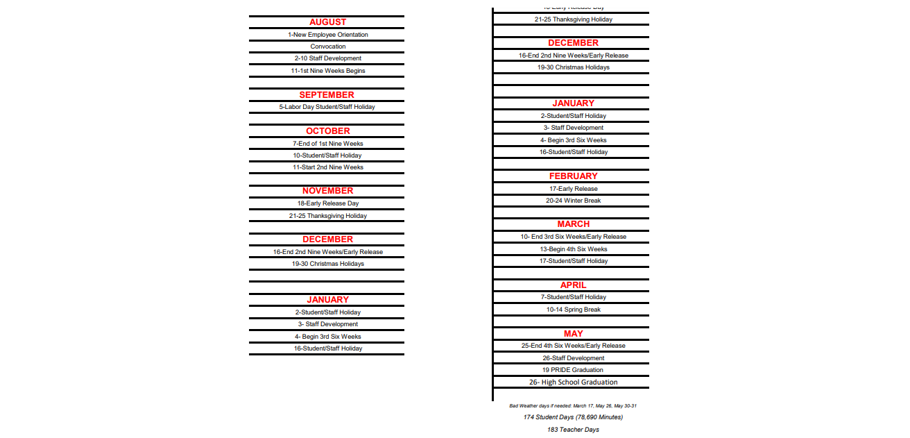 District School Academic Calendar Key for Huntington Int