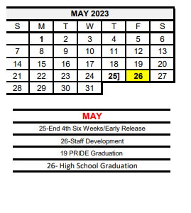 District School Academic Calendar for Pride Alter Sch for May 2023