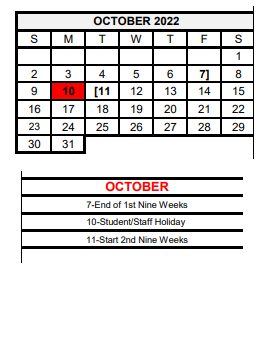 District School Academic Calendar for Pride Alter Sch for October 2022