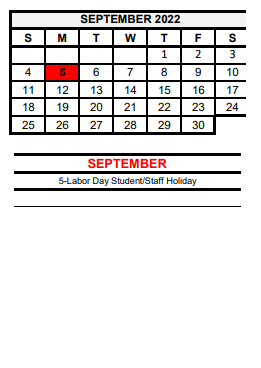 District School Academic Calendar for Pride Alter Sch for September 2022