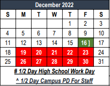 District School Academic Calendar for Harwood J H for December 2022