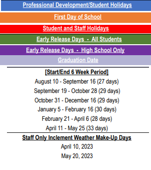 District School Academic Calendar Legend for Transition Program