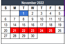 District School Academic Calendar for Euless J H for November 2022