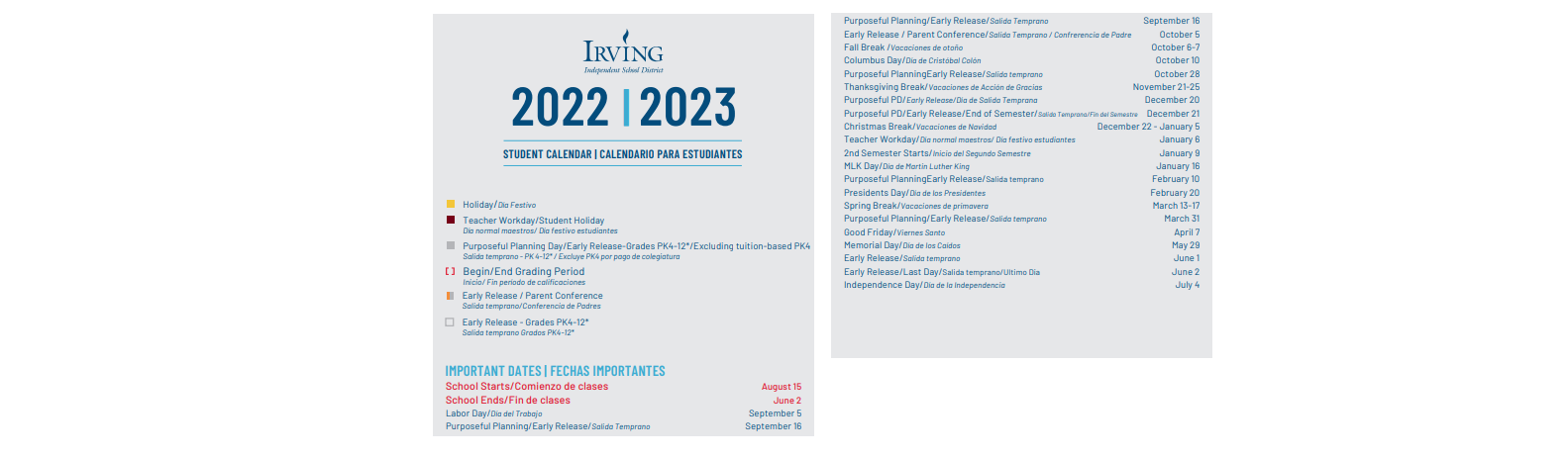 Lively Elementary - School District Instructional Calendar - Irving Isd -  2022-2023