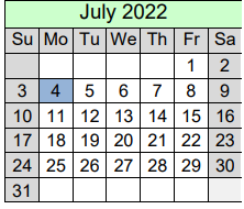 District School Academic Calendar for Pisgah High School for July 2022