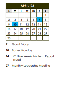 District School Academic Calendar for Wingfield High School for April 2023