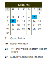 District School Academic Calendar for Jim Hill High School for April 2023