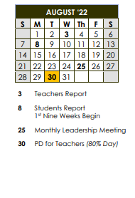 District School Academic Calendar for Green Elementary School for August 2022