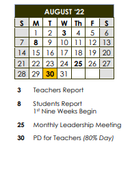 District School Academic Calendar for Lanier High School for August 2022