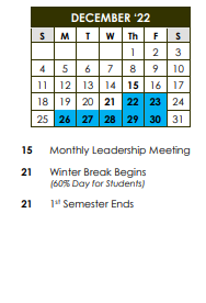 District School Academic Calendar for Northwest Middle School for December 2022