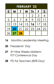 District School Academic Calendar for Key Elementary School for February 2023