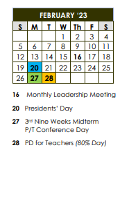 District School Academic Calendar for Lake Elementary School for February 2023