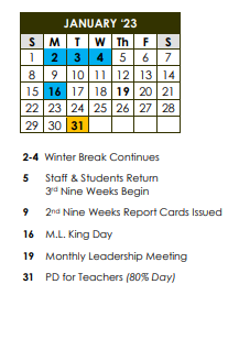 District School Academic Calendar for Mcwillie Elementary School for January 2023