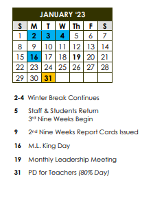 District School Academic Calendar for Career Development Center for January 2023