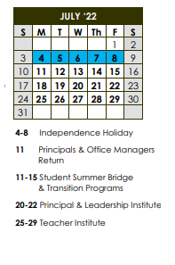 District School Academic Calendar for Chastain Middle School for July 2022