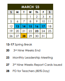District School Academic Calendar for Youth Court School for March 2023