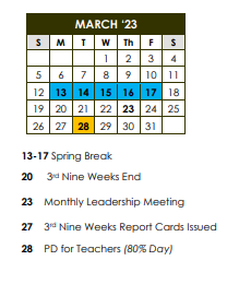 District School Academic Calendar for Siwell Middle School for March 2023